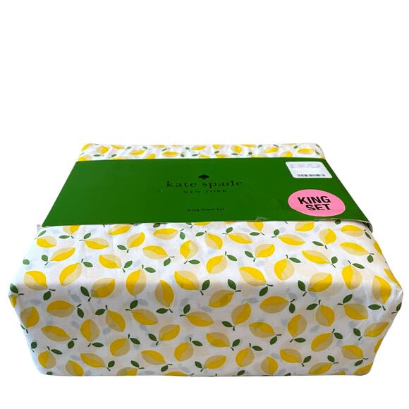 Kate Spade King Sheet Set 4pc Yellow Lemons on White 100% Cotton New - Picture 5 of 10